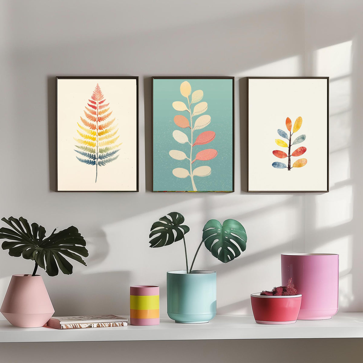 Feral Floral Fern Set of Three Art Prints V2 - 3 Botanical Leaf Posters - Pastel Scandi Boho Wall Art Gift Illustration Nature