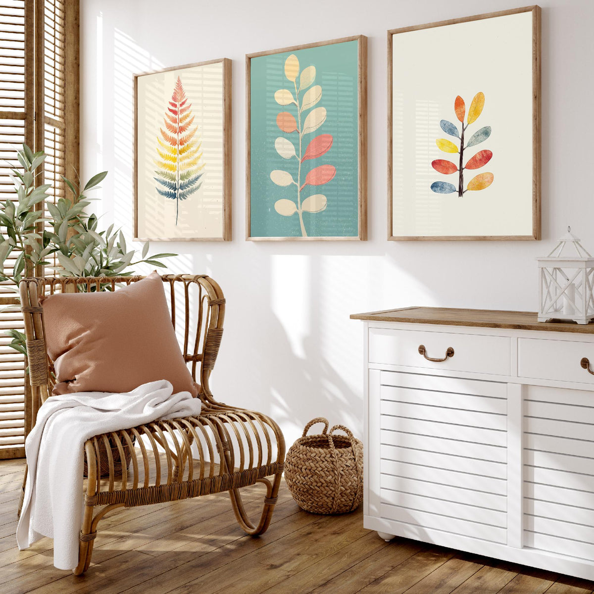 Feral Floral Fern Set of Three Art Prints V2 - 3 Botanical Leaf Posters - Pastel Scandi Boho Wall Art Gift Illustration Nature