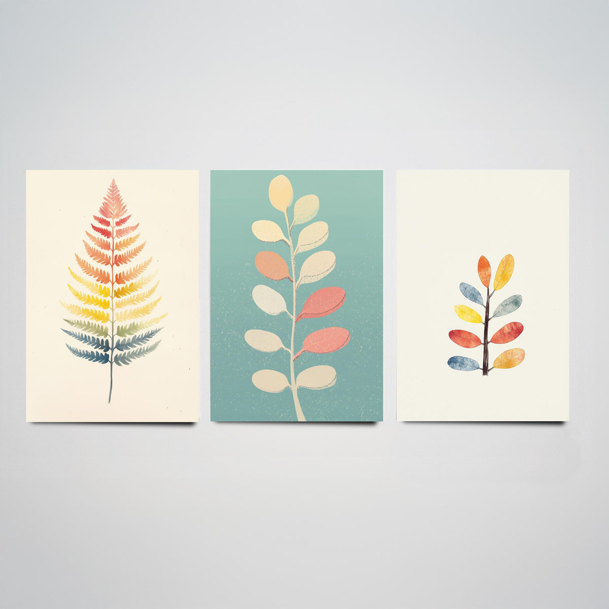 Feral Floral Fern Set of Three Art Prints V2 - 3 Botanical Leaf Posters - Pastel Scandi Boho Wall Art Gift Illustration Nature
