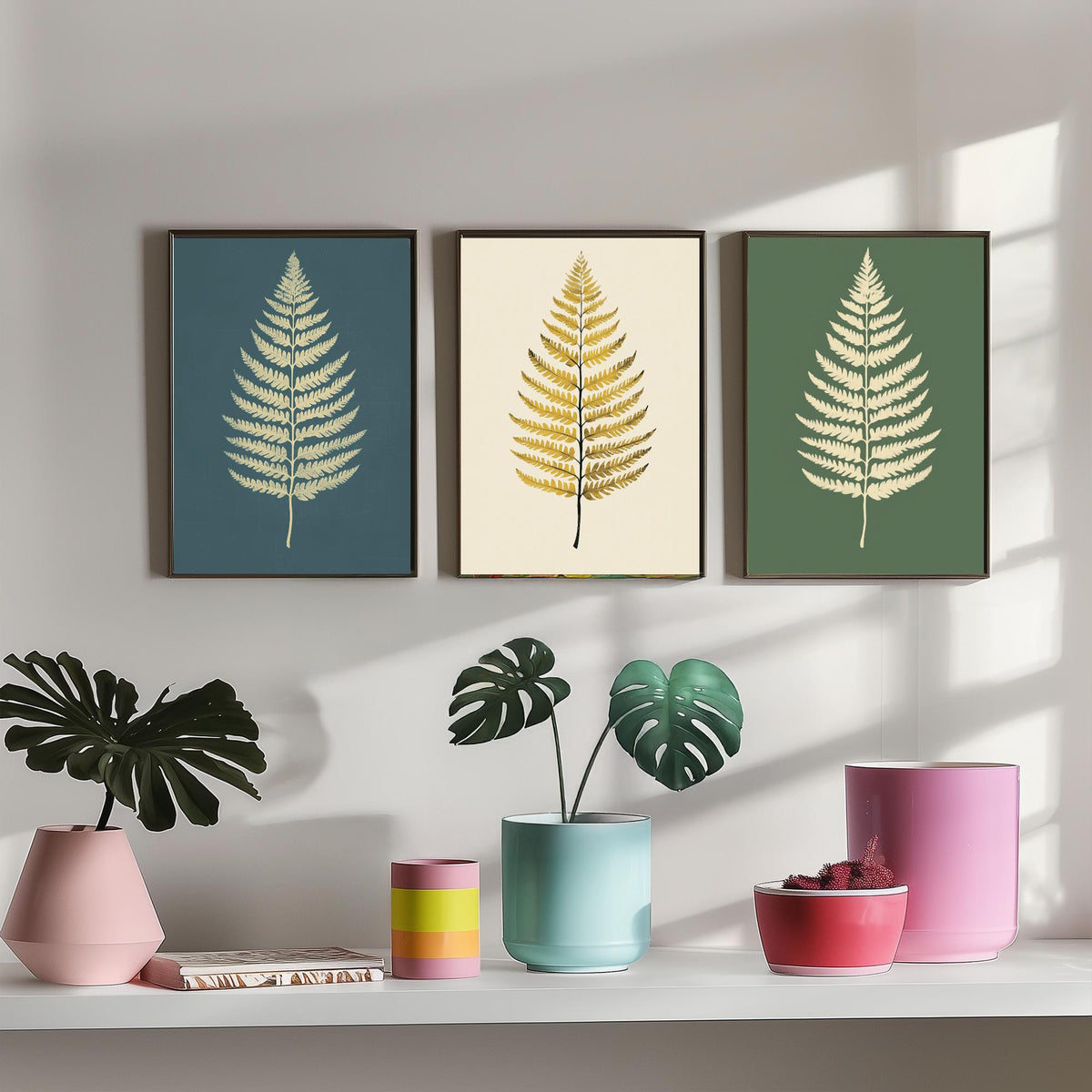 Feral Floral Fern Set of Three Art Prints V3 - 3 Gold Botanical Leaf Posters - Minimalist Boho Wall Art Gift Illustration Nature