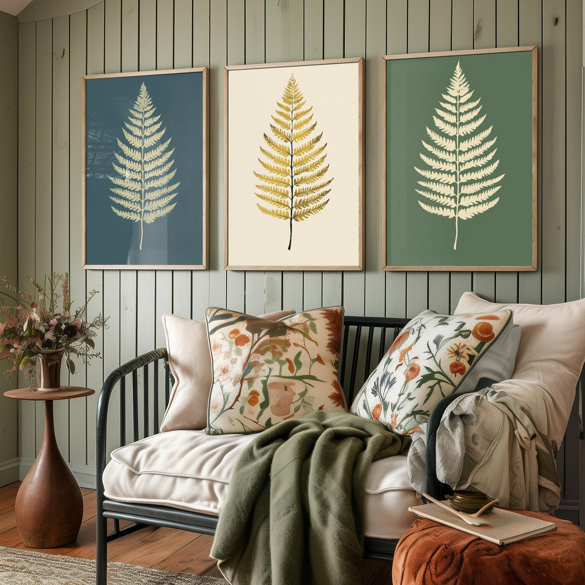 Feral Floral Fern Set of Three Art Prints V3 - 3 Gold Botanical Leaf Posters - Minimalist Boho Wall Art Gift Illustration Nature