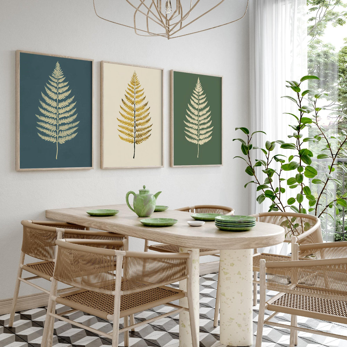 Feral Floral Fern Set of Three Art Prints V3 - 3 Gold Botanical Leaf Posters - Minimalist Boho Wall Art Gift Illustration Nature