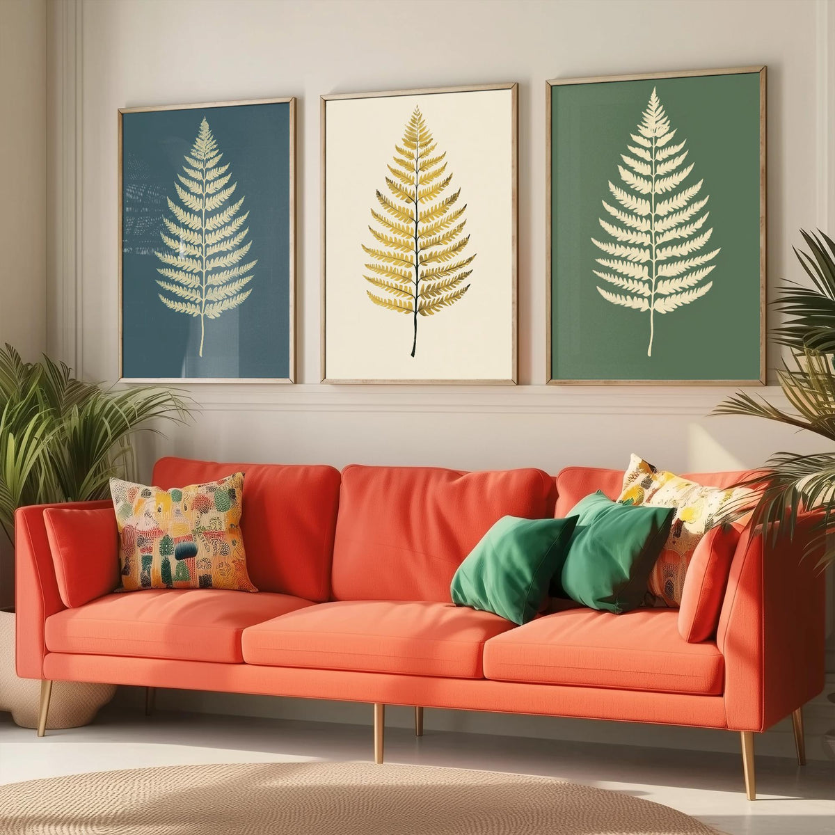Feral Floral Fern Set of Three Art Prints V3 - 3 Gold Botanical Leaf Posters - Minimalist Boho Wall Art Gift Illustration Nature