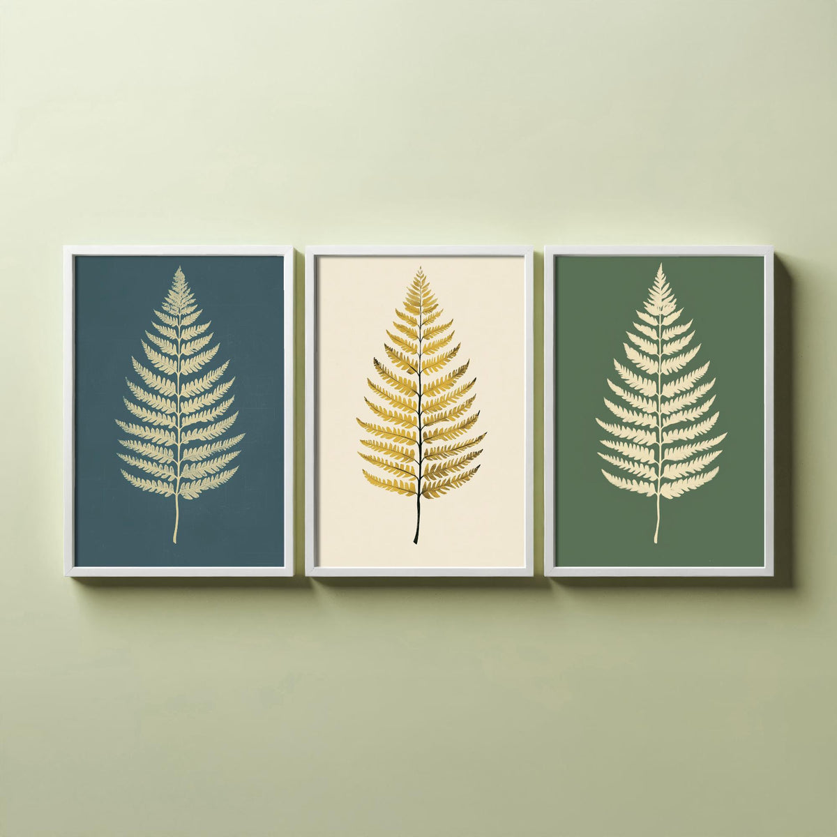 Feral Floral Fern Set of Three Art Prints V3 - 3 Gold Botanical Leaf Posters - Minimalist Boho Wall Art Gift Illustration Nature