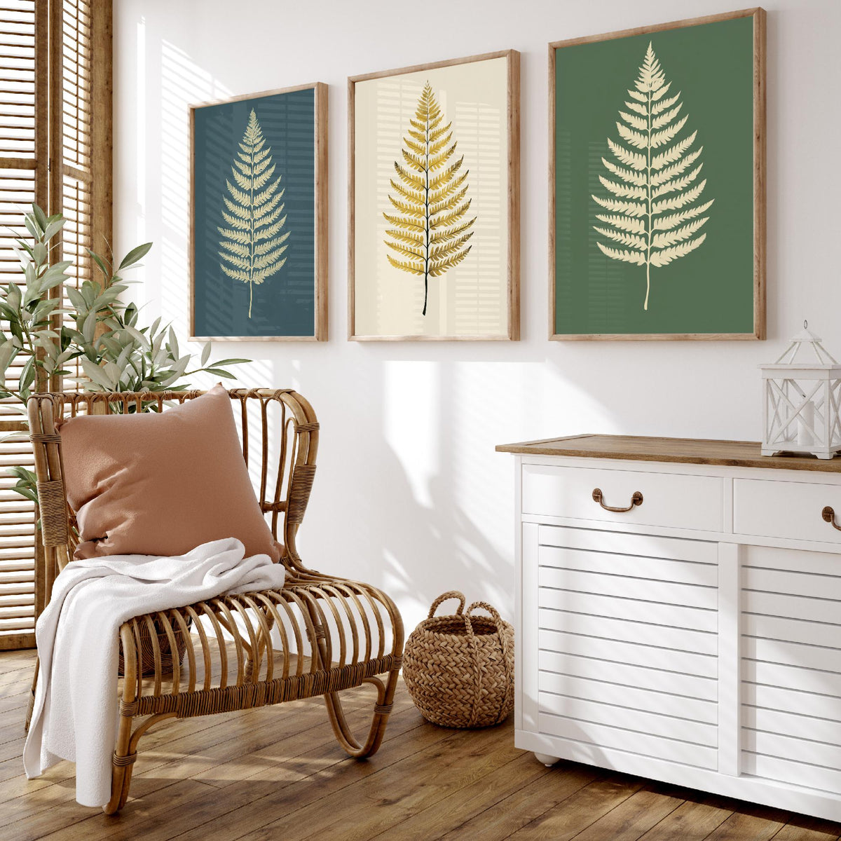 Feral Floral Fern Set of Three Art Prints V3 - 3 Gold Botanical Leaf Posters - Minimalist Boho Wall Art Gift Illustration Nature