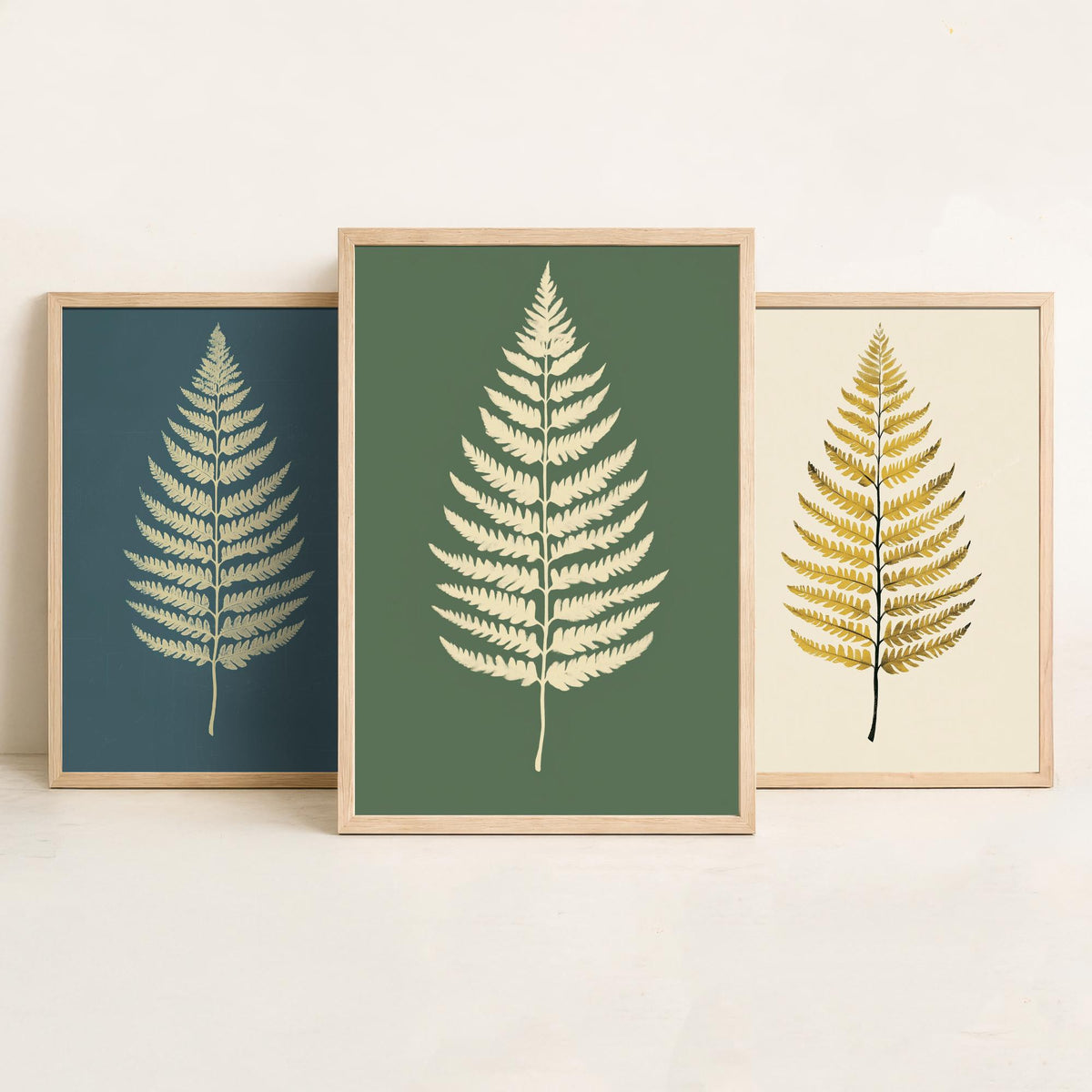 Feral Floral Fern Set of Three Art Prints V3 - 3 Gold Botanical Leaf Posters - Minimalist Boho Wall Art Gift Illustration Nature