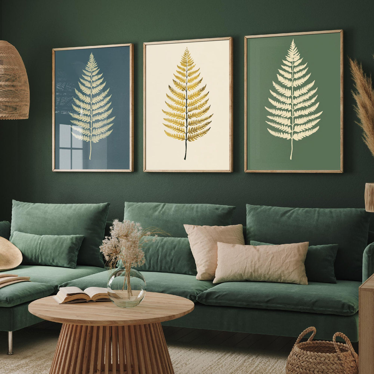 Feral Floral Fern Set of Three Art Prints V3 - 3 Gold Botanical Leaf Posters - Minimalist Boho Wall Art Gift Illustration Nature