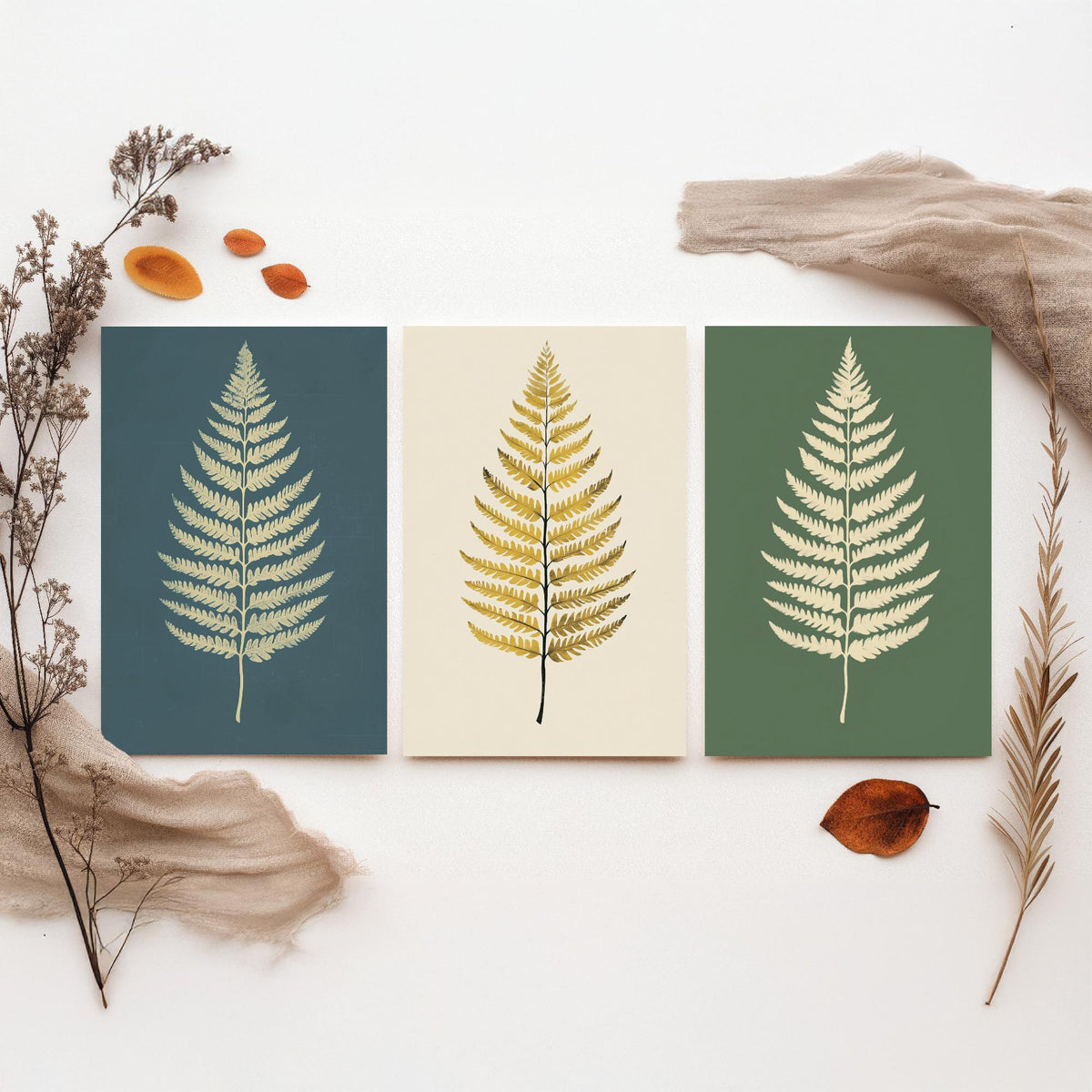 Feral Floral Fern Set of Three Art Prints V3 - 3 Gold Botanical Leaf Posters - Minimalist Boho Wall Art Gift Illustration Nature