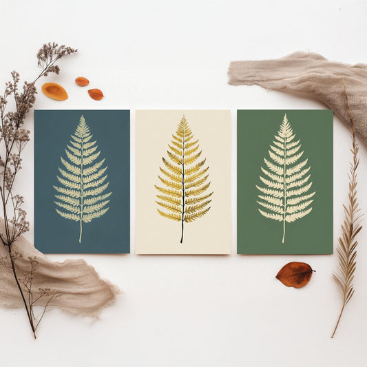 Feral Floral Fern Set of Three Art Prints V3 - 3 Gold Botanical Leaf Posters - Minimalist Boho Wall Art Gift Illustration Nature