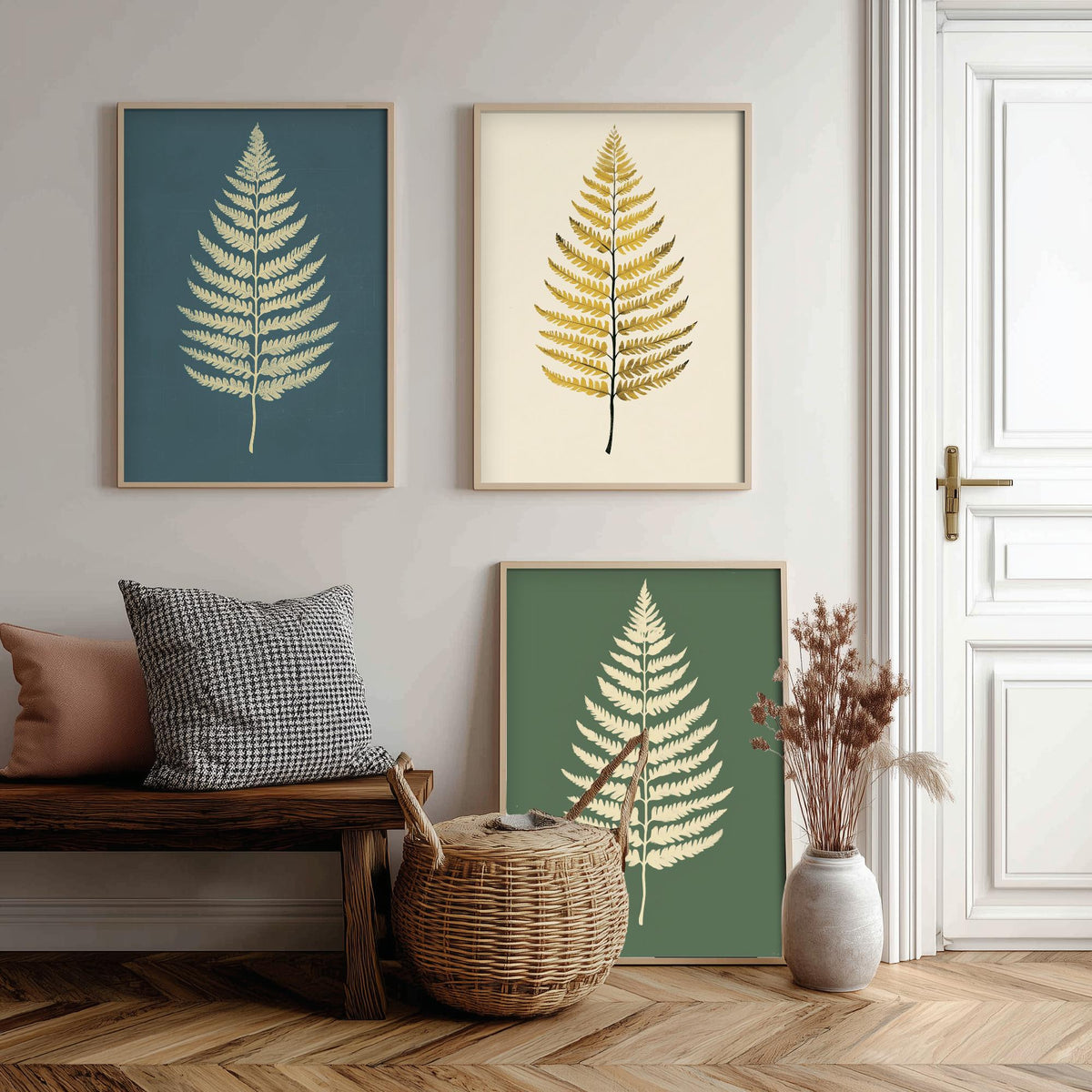 Feral Floral Fern Set of Three Art Prints V3 - 3 Gold Botanical Leaf Posters - Minimalist Boho Wall Art Gift Illustration Nature