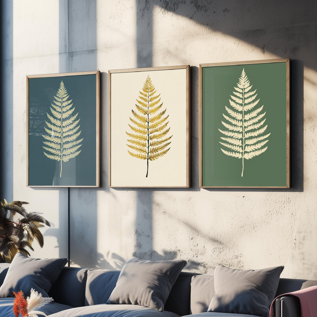 Feral Floral Fern Set of Three Art Prints V3 - 3 Gold Botanical Leaf Posters - Minimalist Boho Wall Art Gift Illustration Nature