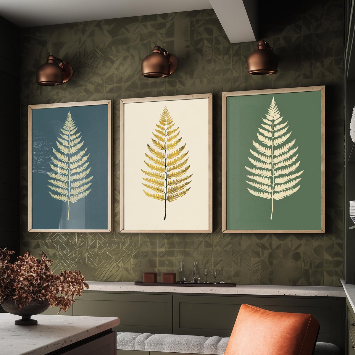 Feral Floral Fern Set of Three Art Prints V3 - 3 Gold Botanical Leaf Posters - Minimalist Boho Wall Art Gift Illustration Nature
