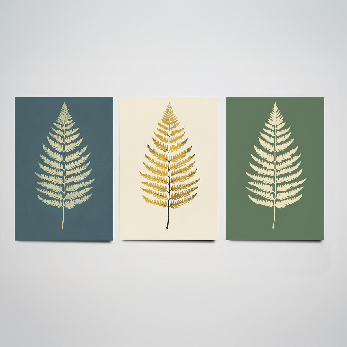 Feral Floral Fern Set of Three Art Prints V3 - 3 Gold Botanical Leaf Posters - Minimalist Boho Wall Art Gift Illustration Nature