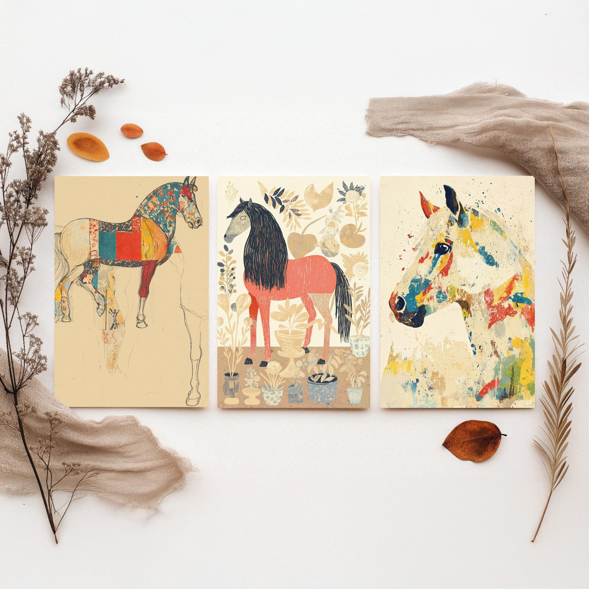Feral Floral Horse Set of Three Art Prints V1 - 3 Patchwork Horse Posters - Whimsical Folk Wall Art Gift Illustration Equine