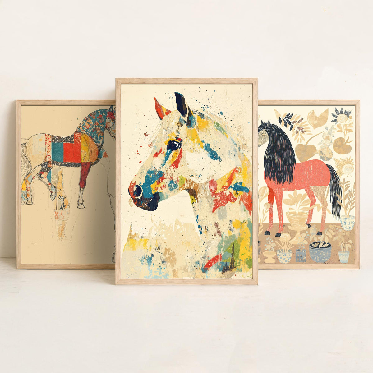 Feral Floral Horse Set of Three Art Prints V1 - 3 Patchwork Horse Posters - Whimsical Folk Wall Art Gift Illustration Equine