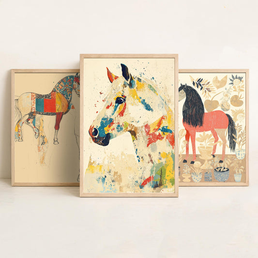 Feral Floral Horse Set of Three Art Prints V1 - 3 Patchwork Horse Posters - Whimsical Folk Wall Art Gift Illustration Equine