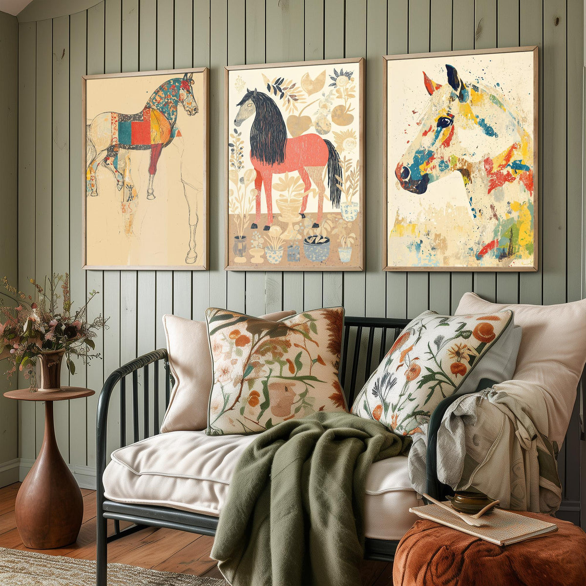 Feral Floral Horse Set of Three Art Prints V1 - 3 Patchwork Horse Posters - Whimsical Folk Wall Art Gift Illustration Equine