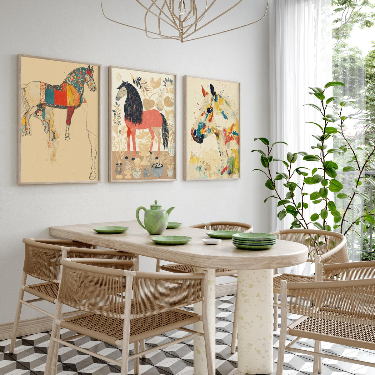 Feral Floral Horse Set of Three Art Prints V1 - 3 Patchwork Horse Posters - Whimsical Folk Wall Art Gift Illustration Equine
