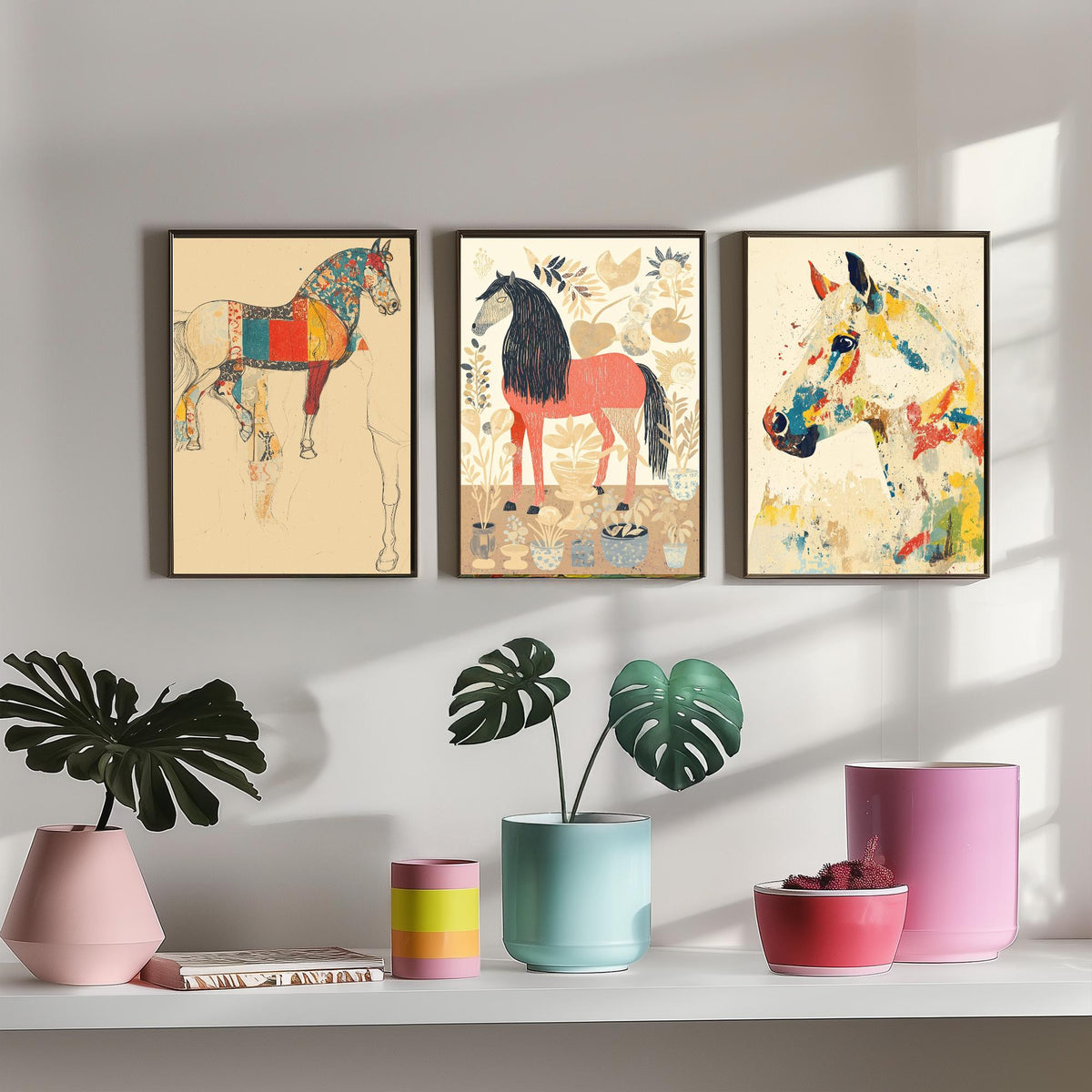Feral Floral Horse Set of Three Art Prints V1 - 3 Patchwork Horse Posters - Whimsical Folk Wall Art Gift Illustration Equine