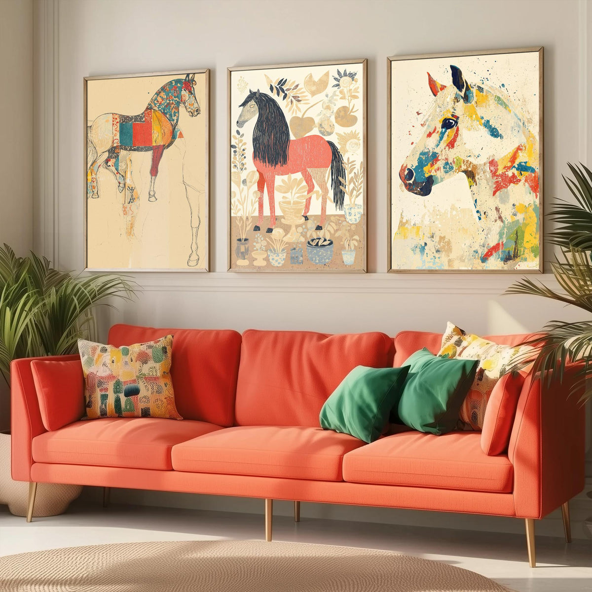 Feral Floral Horse Set of Three Art Prints V1 - 3 Patchwork Horse Posters - Whimsical Folk Wall Art Gift Illustration Equine