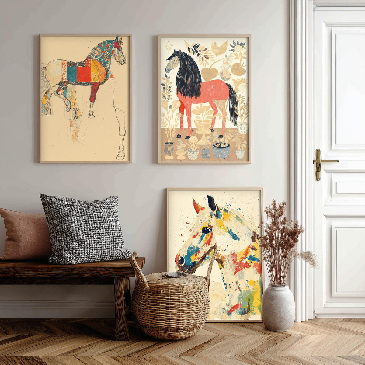 Feral Floral Horse Set of Three Art Prints V1 - 3 Patchwork Horse Posters - Whimsical Folk Wall Art Gift Illustration Equine