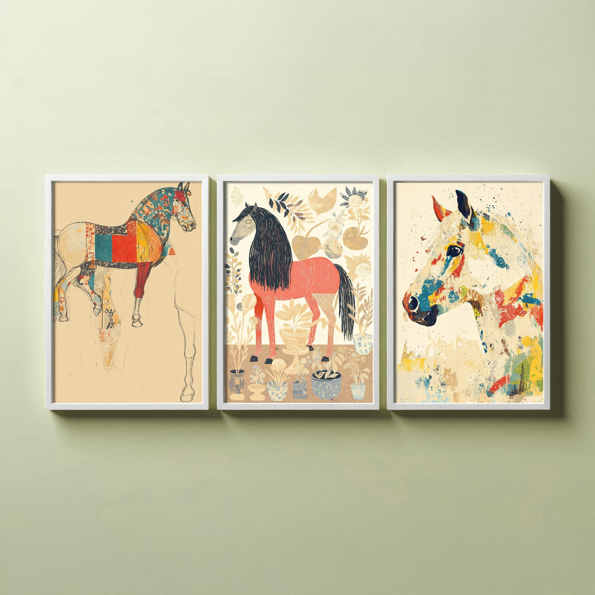 Feral Floral Horse Set of Three Art Prints V1 - 3 Patchwork Horse Posters - Whimsical Folk Wall Art Gift Illustration Equine