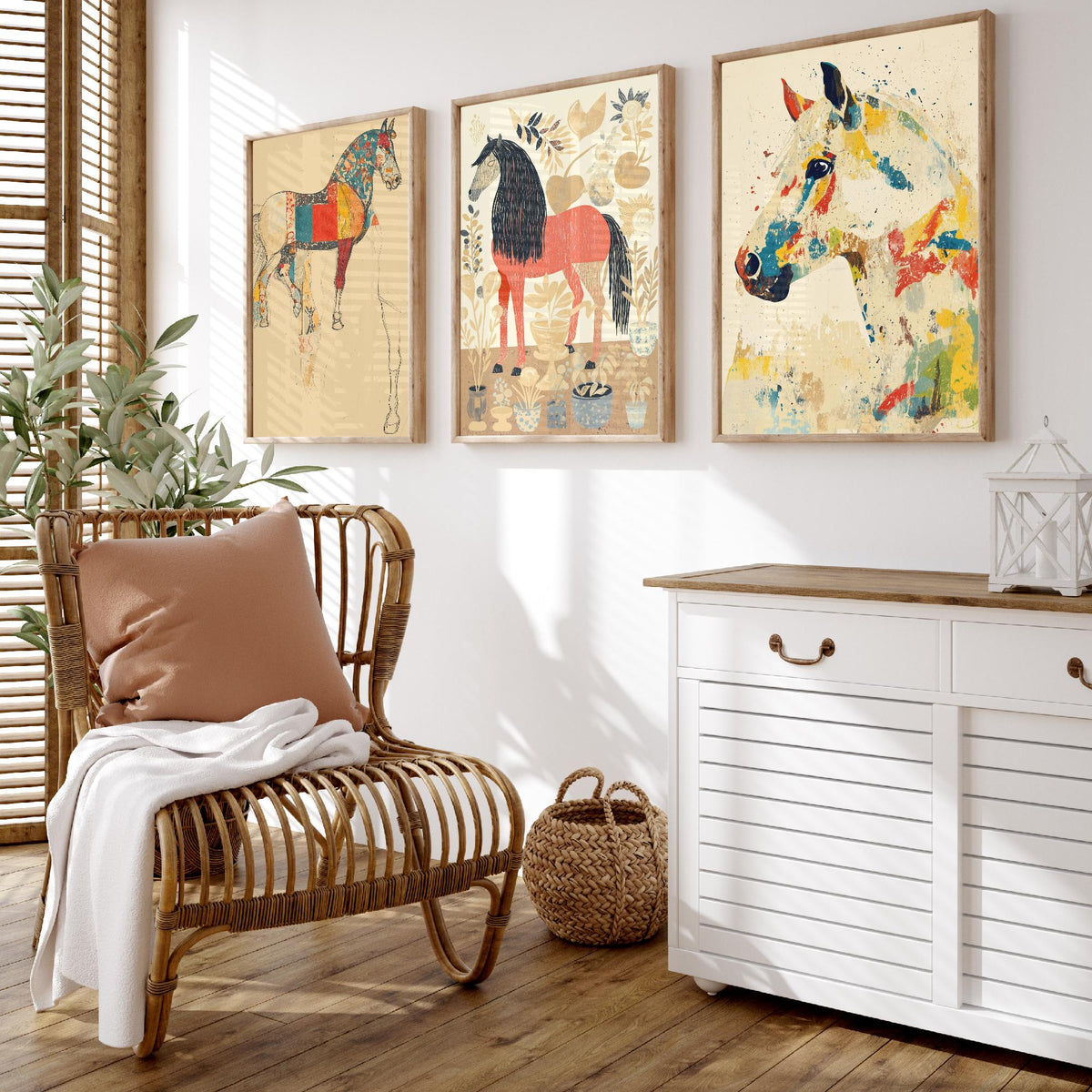 Feral Floral Horse Set of Three Art Prints V1 - 3 Patchwork Horse Posters - Whimsical Folk Wall Art Gift Illustration Equine