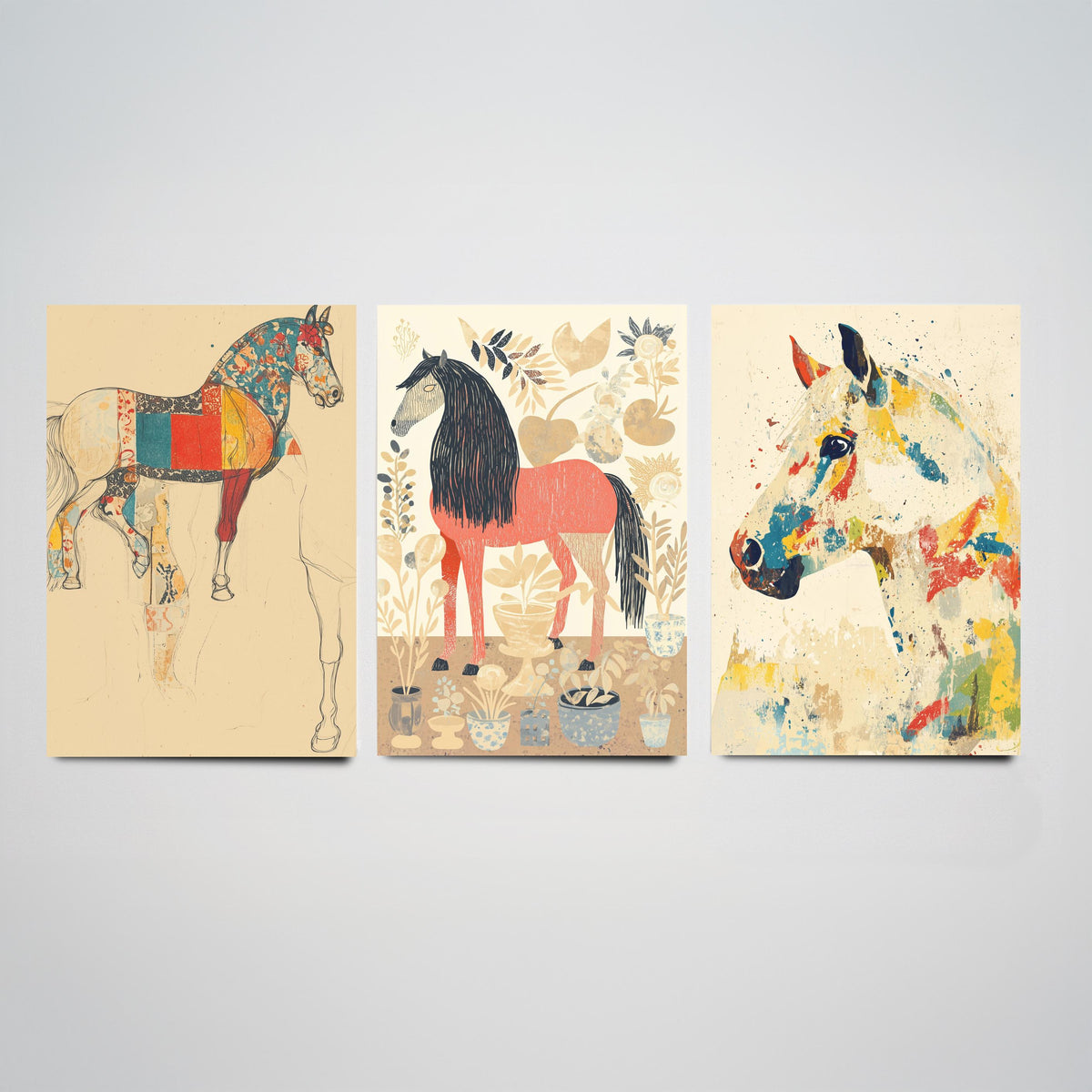 Feral Floral Horse Set of Three Art Prints V1 - 3 Patchwork Horse Posters - Whimsical Folk Wall Art Gift Illustration Equine