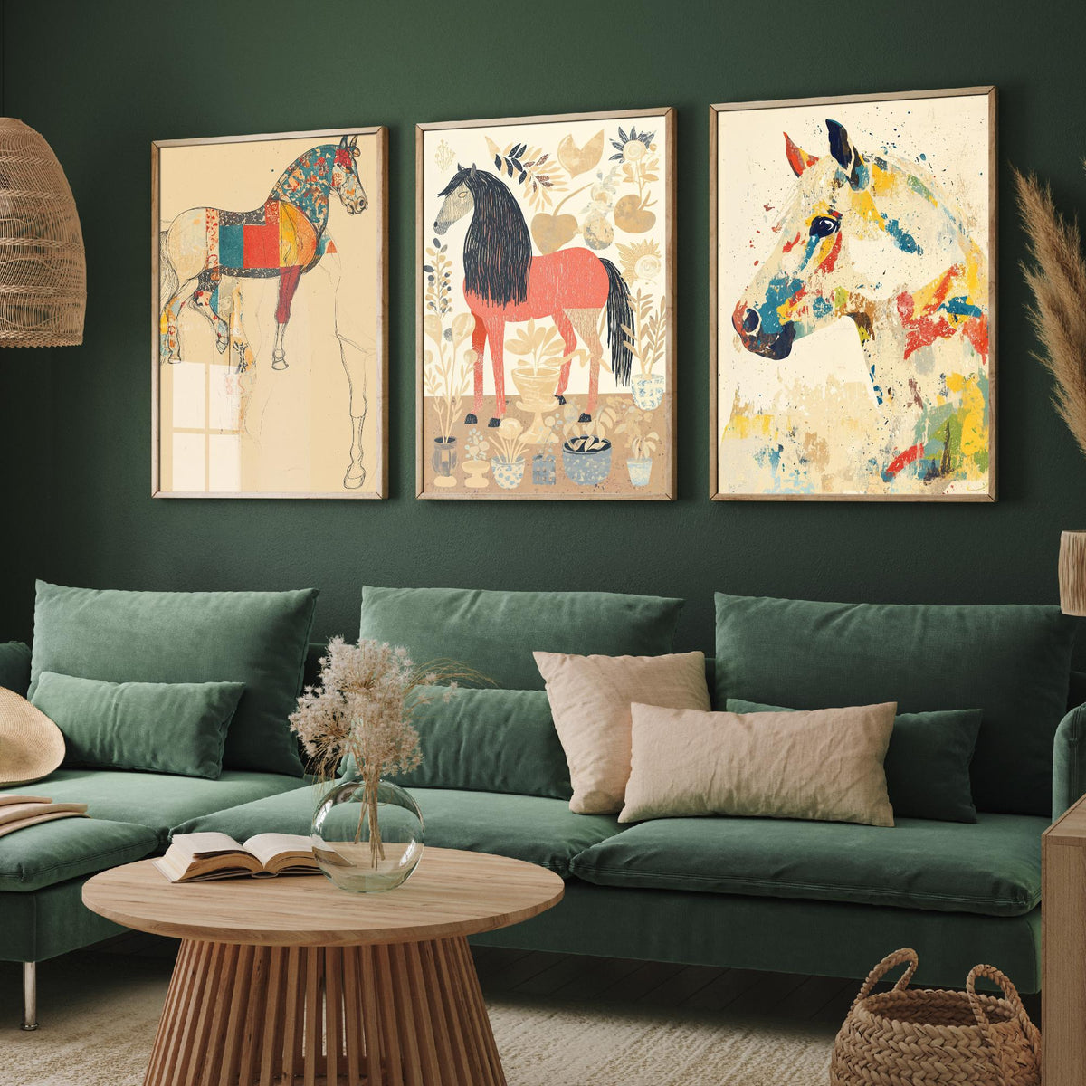Feral Floral Horse Set of Three Art Prints V1 - 3 Patchwork Horse Posters - Whimsical Folk Wall Art Gift Illustration Equine