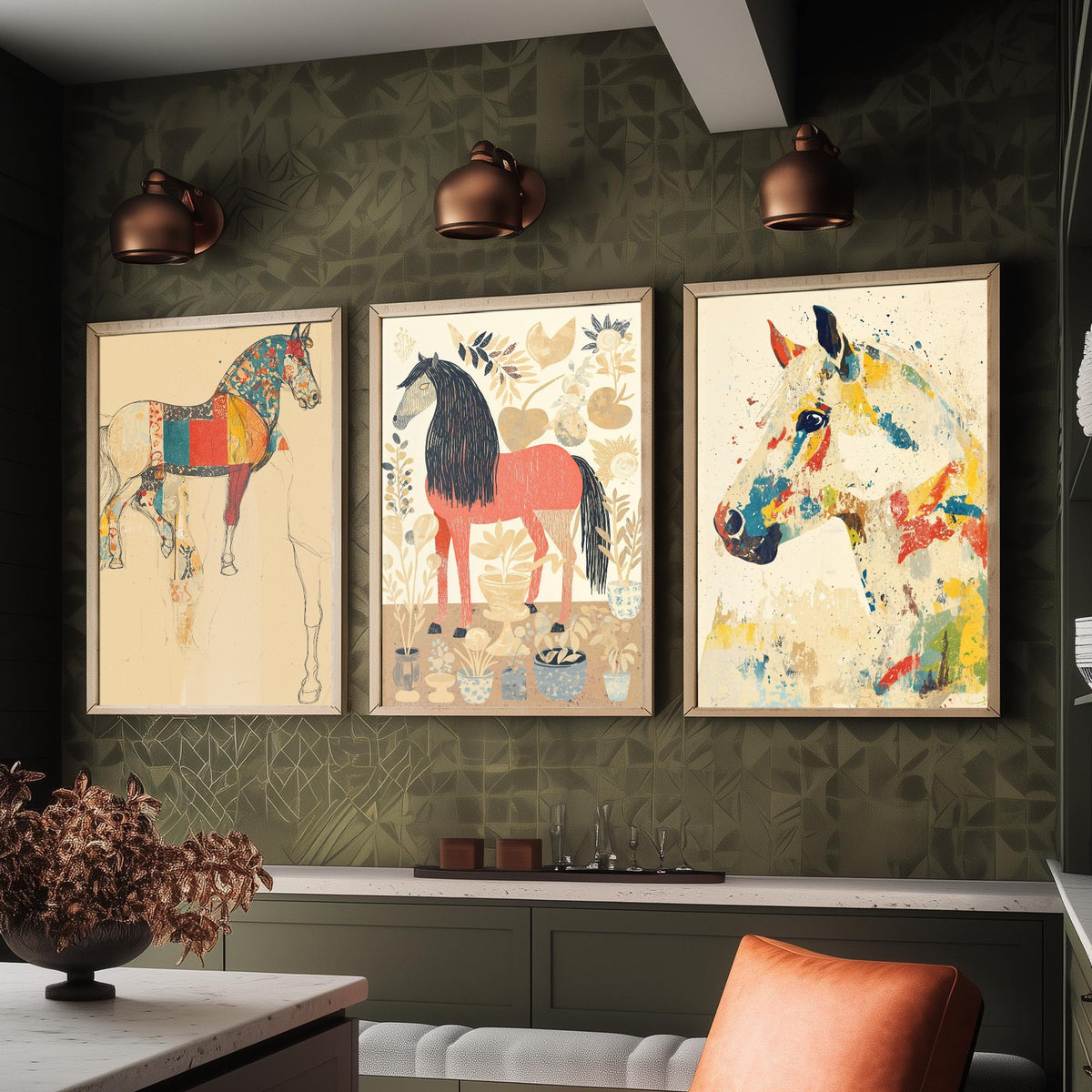 Feral Floral Horse Set of Three Art Prints V1 - 3 Patchwork Horse Posters - Whimsical Folk Wall Art Gift Illustration Equine