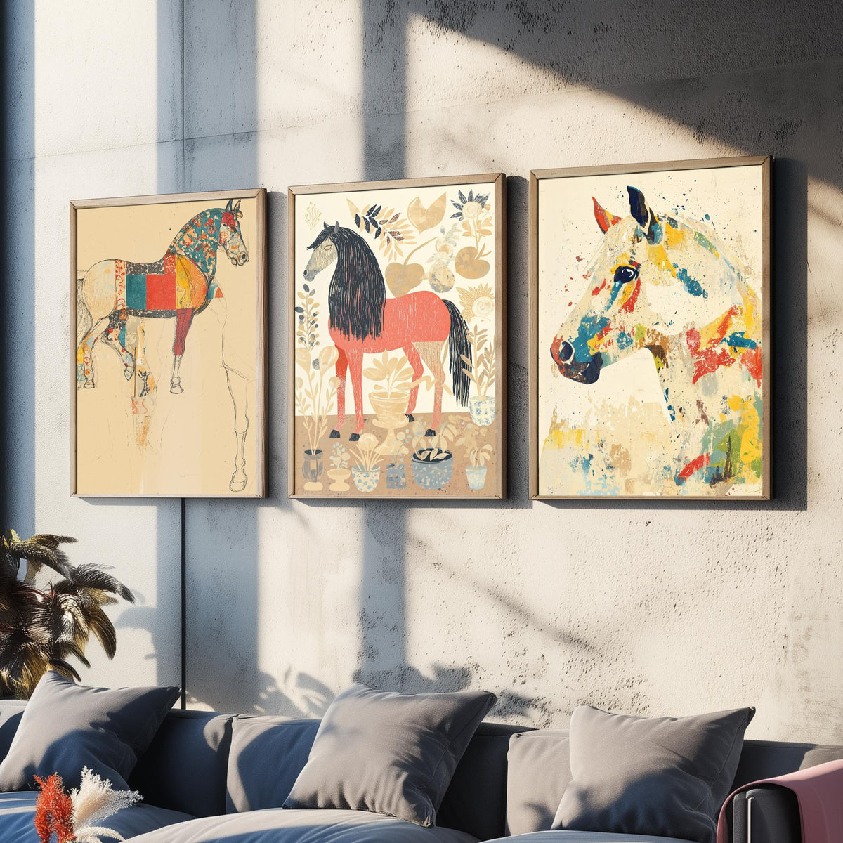 Feral Floral Horse Set of Three Art Prints V1 - 3 Patchwork Horse Posters - Whimsical Folk Wall Art Gift Illustration Equine
