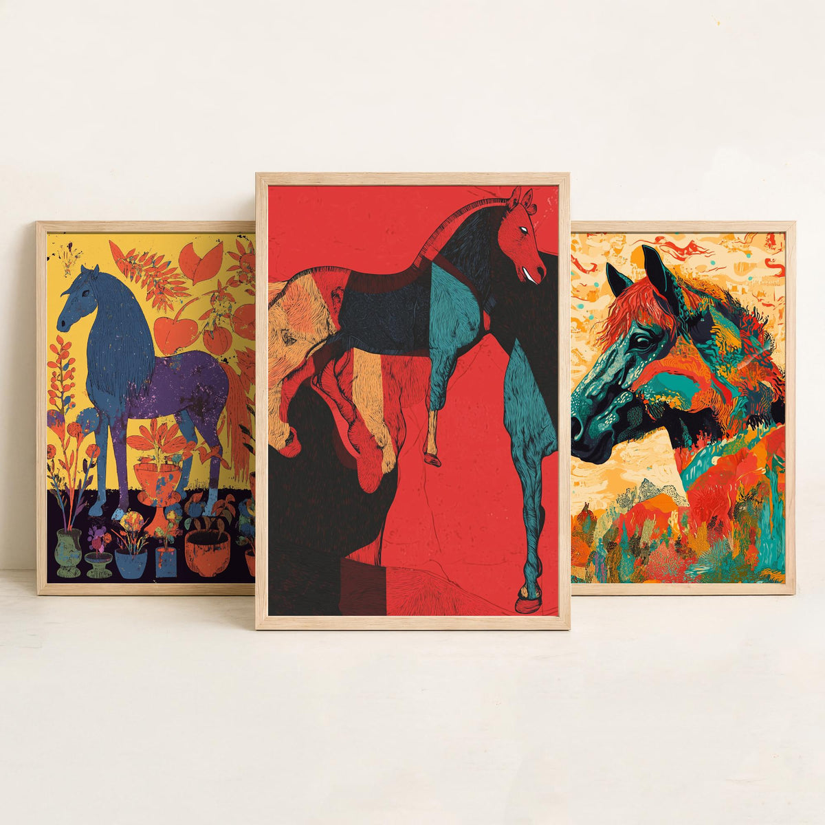 Feral Floral Horse Set of Three Art Prints V2 - 3 Bold Screen Print Horse Posters - Vibrant Folk Wall Art Gift Illustration Equine