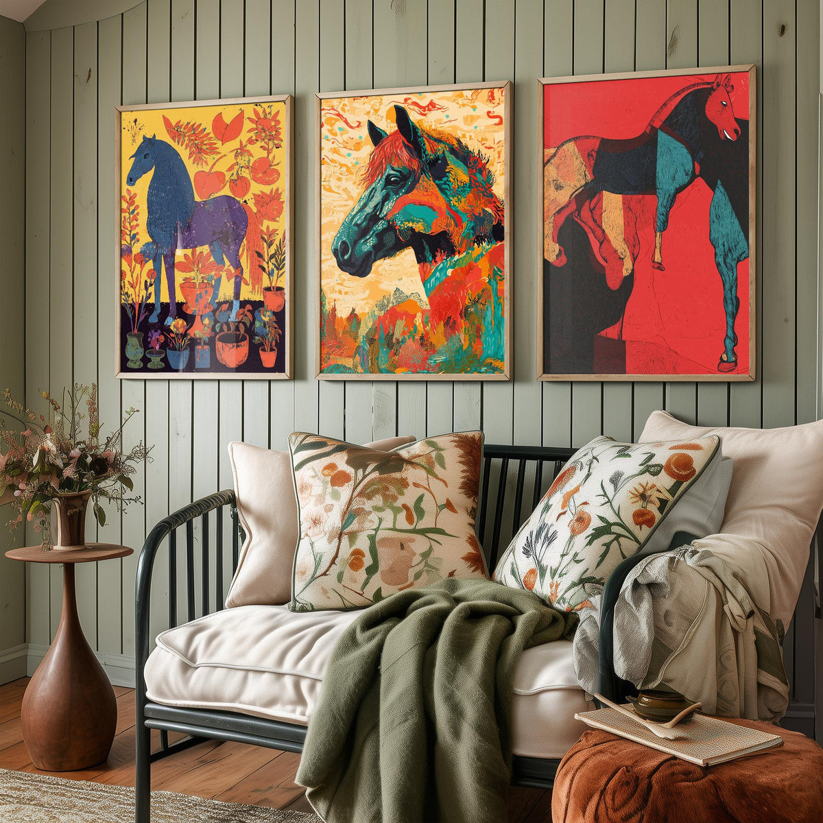 Feral Floral Horse Set of Three Art Prints V2 - 3 Bold Screen Print Horse Posters - Vibrant Folk Wall Art Gift Illustration Equine
