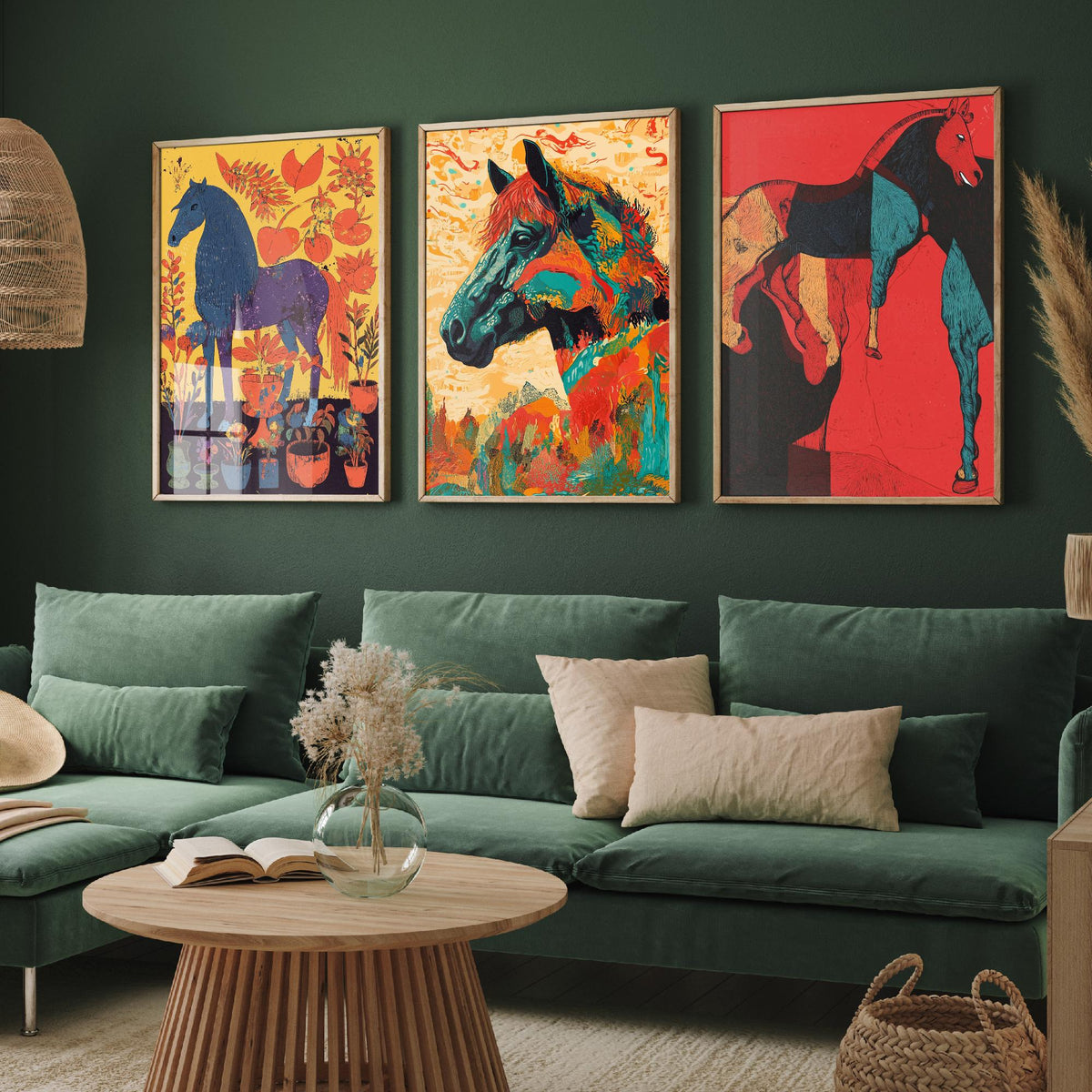 Feral Floral Horse Set of Three Art Prints V2 - 3 Bold Screen Print Horse Posters - Vibrant Folk Wall Art Gift Illustration Equine