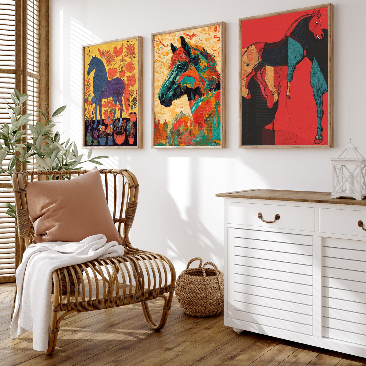Feral Floral Horse Set of Three Art Prints V2 - 3 Bold Screen Print Horse Posters - Vibrant Folk Wall Art Gift Illustration Equine
