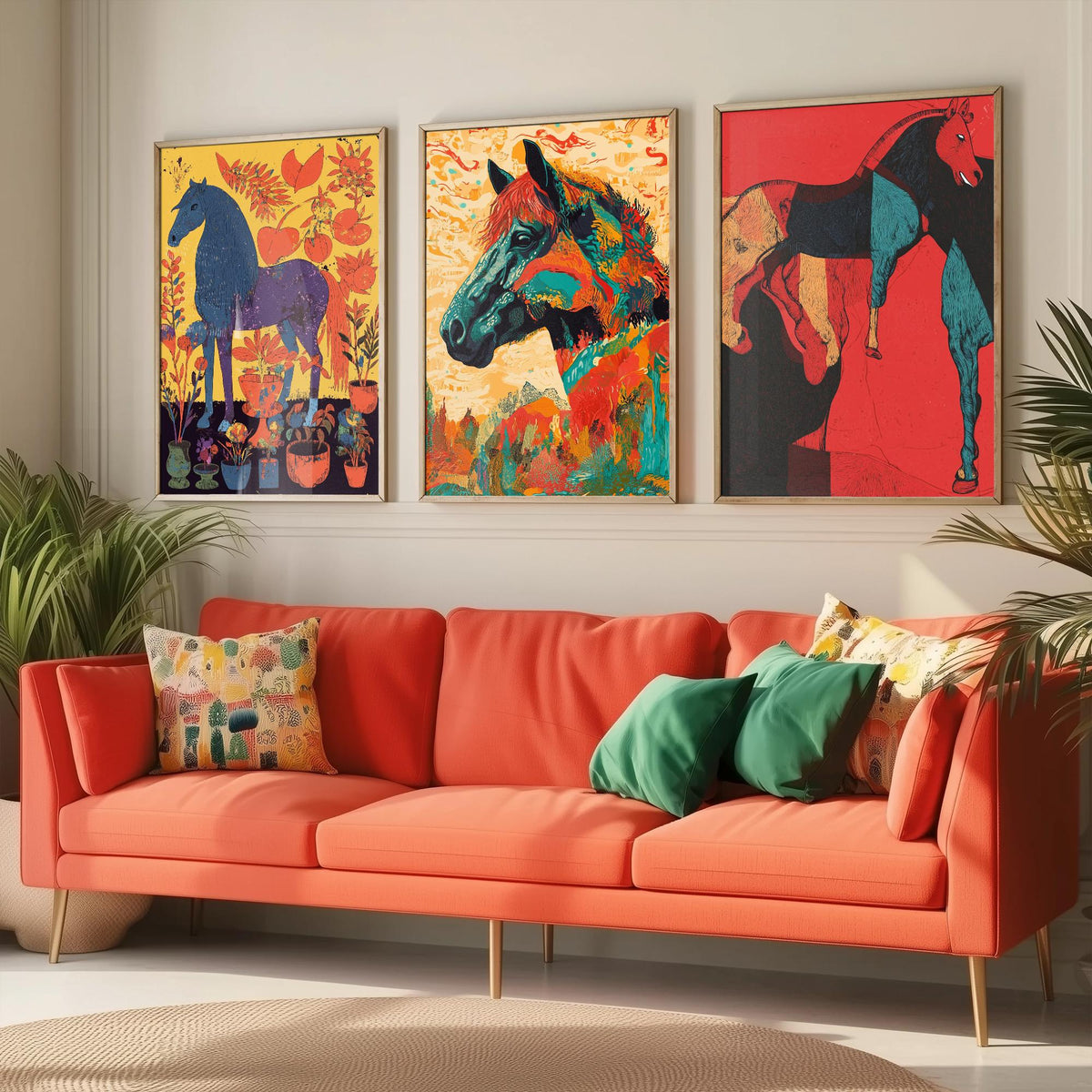 Feral Floral Horse Set of Three Art Prints V2 - 3 Bold Screen Print Horse Posters - Vibrant Folk Wall Art Gift Illustration Equine