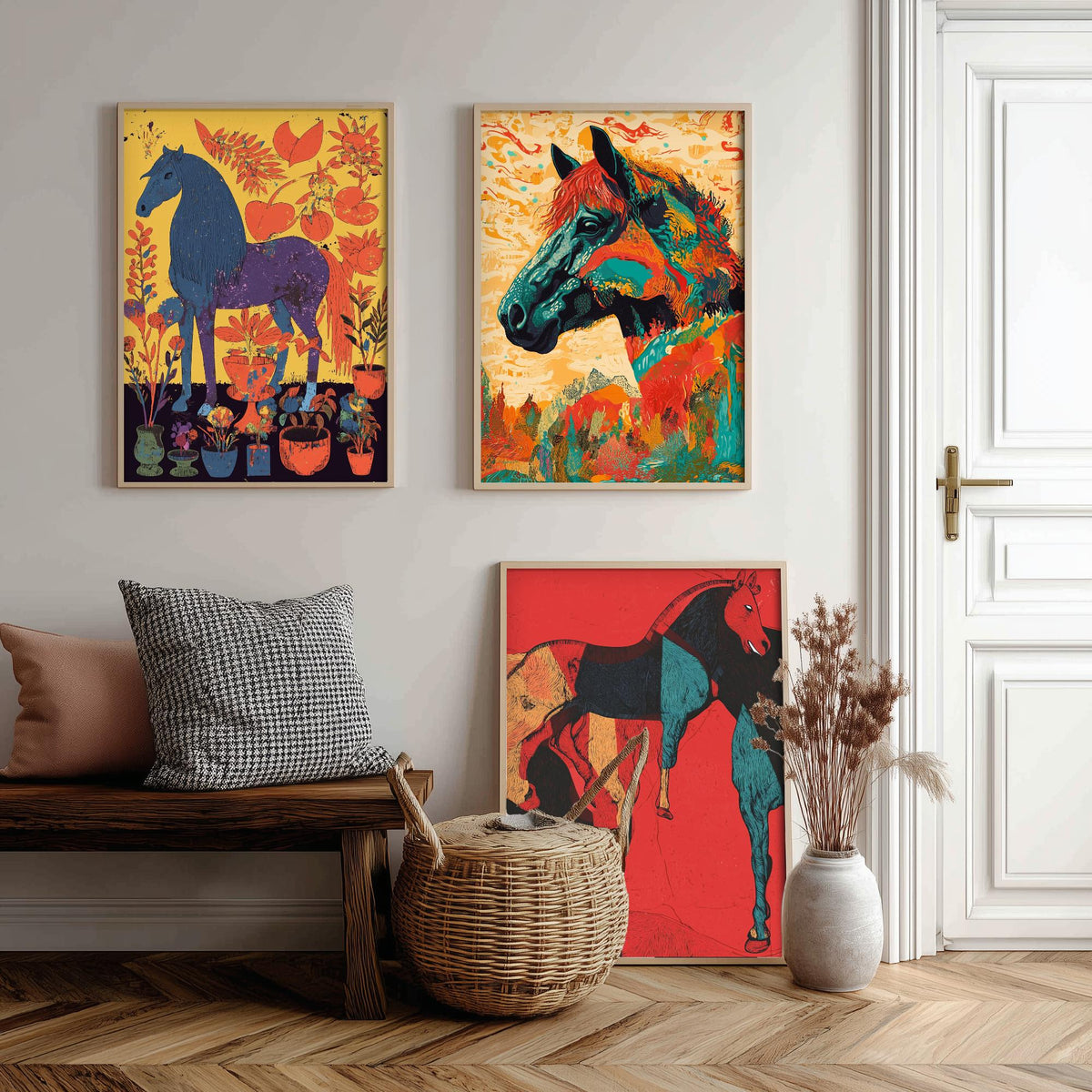 Feral Floral Horse Set of Three Art Prints V2 - 3 Bold Screen Print Horse Posters - Vibrant Folk Wall Art Gift Illustration Equine