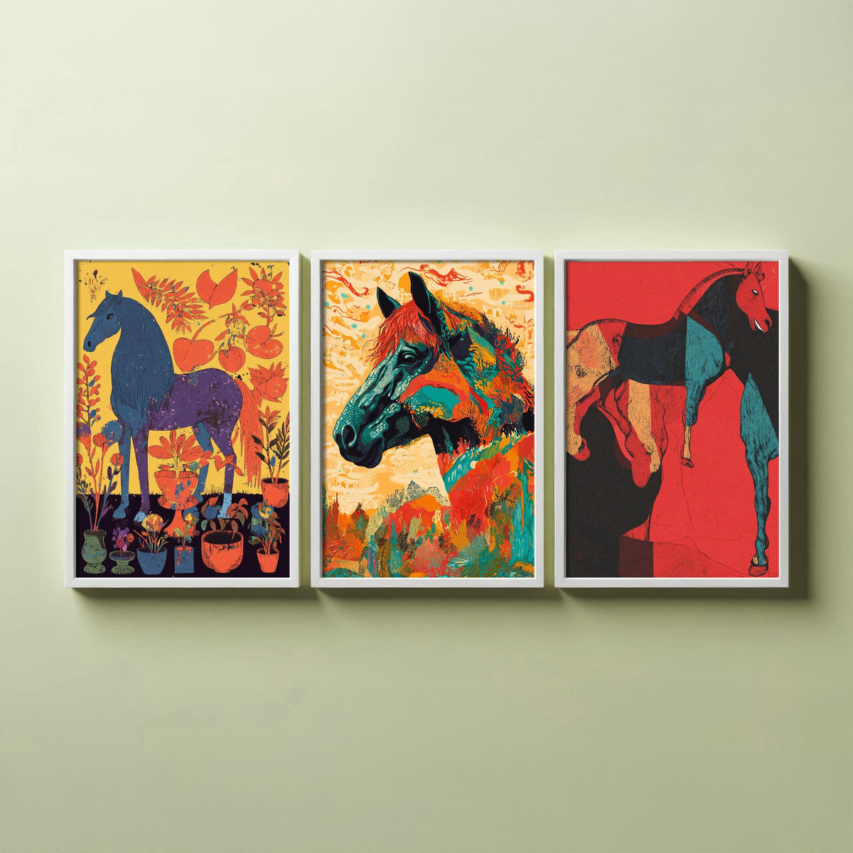 Feral Floral Horse Set of Three Art Prints V2 - 3 Bold Screen Print Horse Posters - Vibrant Folk Wall Art Gift Illustration Equine