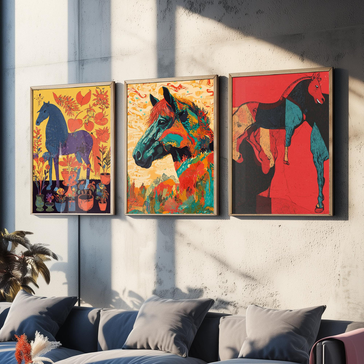 Feral Floral Horse Set of Three Art Prints V2 - 3 Bold Screen Print Horse Posters - Vibrant Folk Wall Art Gift Illustration Equine