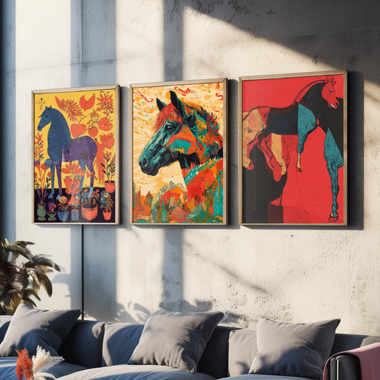 Feral Floral Horse Set of Three Art Prints V2 - 3 Bold Screen Print Horse Posters - Vibrant Folk Wall Art Gift Illustration Equine