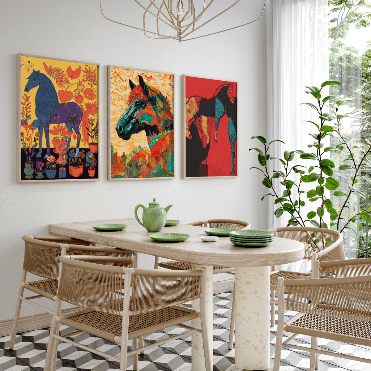 Feral Floral Horse Set of Three Art Prints V2 - 3 Bold Screen Print Horse Posters - Vibrant Folk Wall Art Gift Illustration Equine