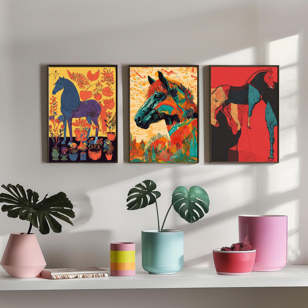 Feral Floral Horse Set of Three Art Prints V2 - 3 Bold Screen Print Horse Posters - Vibrant Folk Wall Art Gift Illustration Equine
