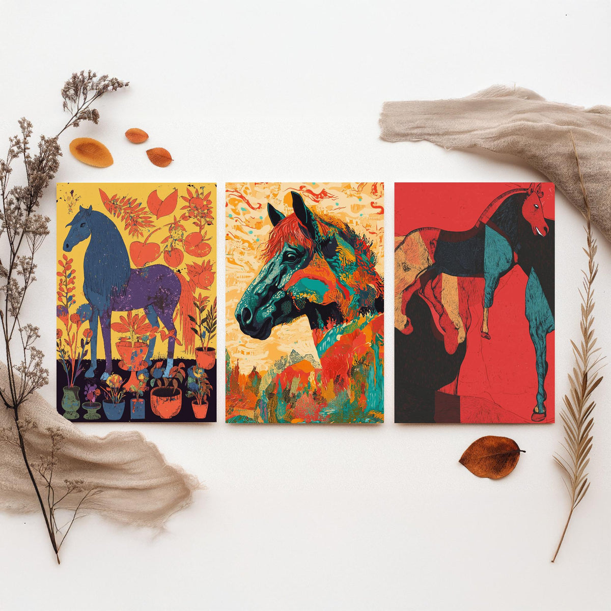 Feral Floral Horse Set of Three Art Prints V2 - 3 Bold Screen Print Horse Posters - Vibrant Folk Wall Art Gift Illustration Equine