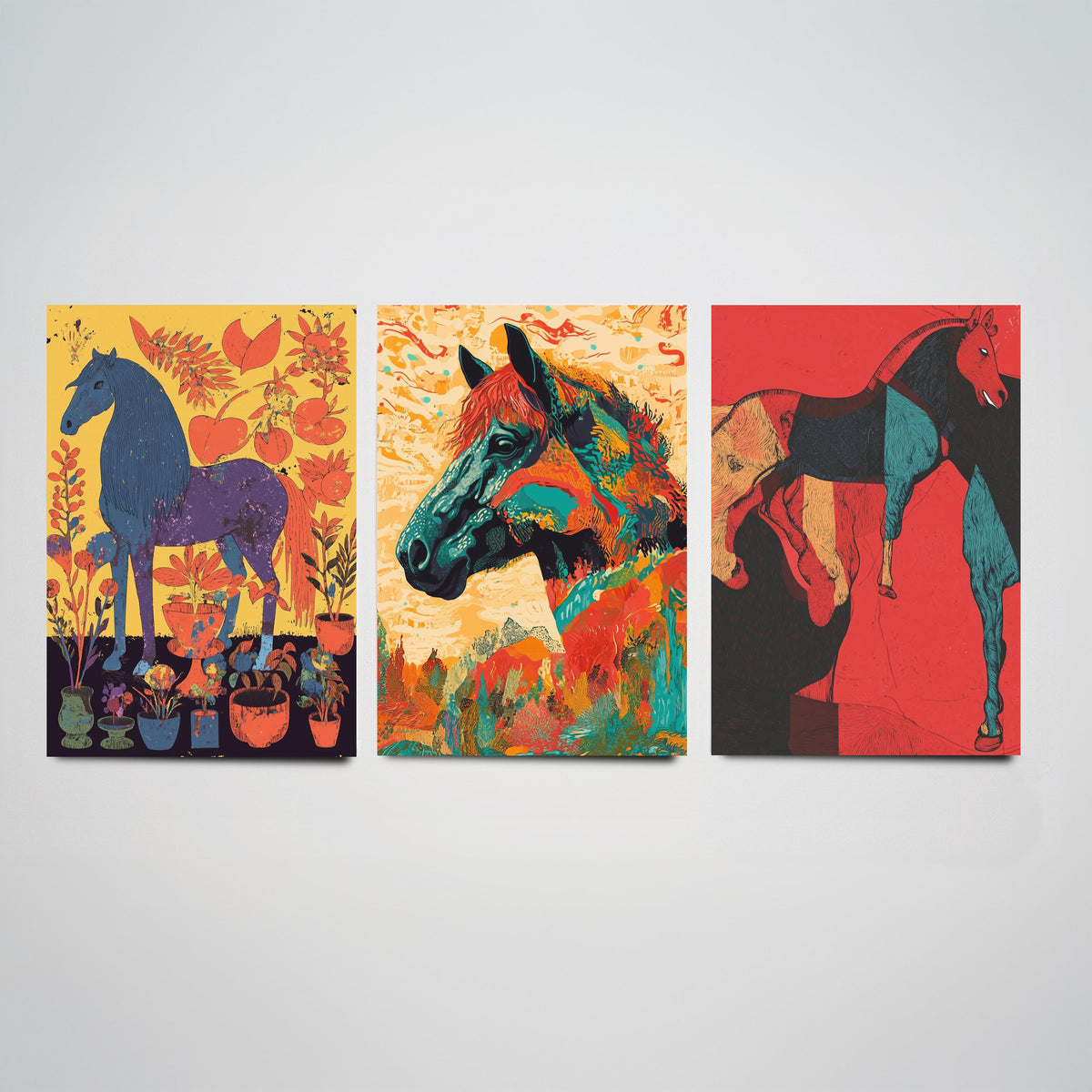 Feral Floral Horse Set of Three Art Prints V2 - 3 Bold Screen Print Horse Posters - Vibrant Folk Wall Art Gift Illustration Equine