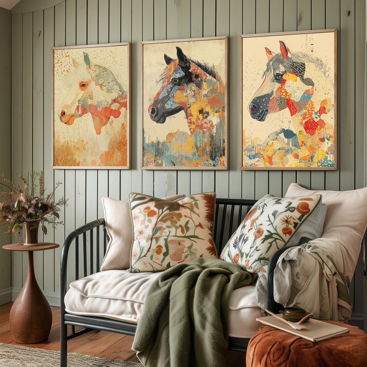 Feral Floral Horse Set of Three Art Prints V3 - 3 Mosaic Patchwork Horse Posters - Boho Folk Wall Art Gift Illustration Equine