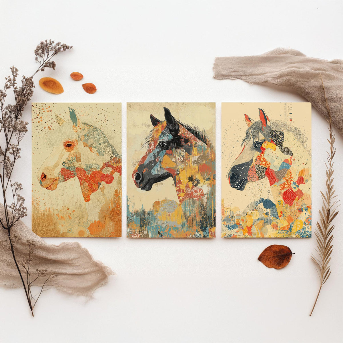 Feral Floral Horse Set of Three Art Prints V3 - 3 Mosaic Patchwork Horse Posters - Boho Folk Wall Art Gift Illustration Equine