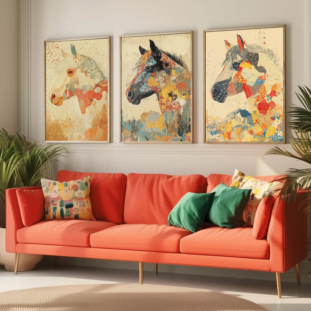 Feral Floral Horse Set of Three Art Prints V3 - 3 Mosaic Patchwork Horse Posters - Boho Folk Wall Art Gift Illustration Equine