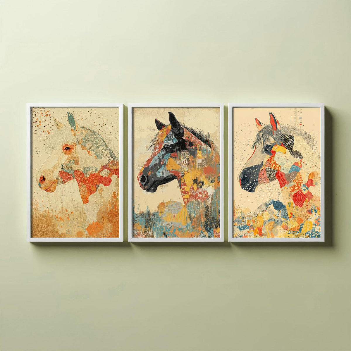 Feral Floral Horse Set of Three Art Prints V3 - 3 Mosaic Patchwork Horse Posters - Boho Folk Wall Art Gift Illustration Equine