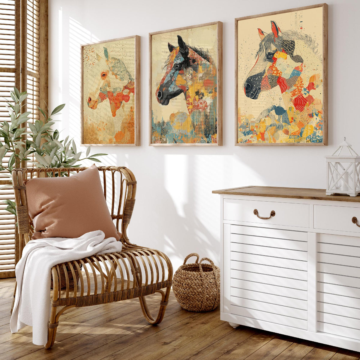 Feral Floral Horse Set of Three Art Prints V3 - 3 Mosaic Patchwork Horse Posters - Boho Folk Wall Art Gift Illustration Equine