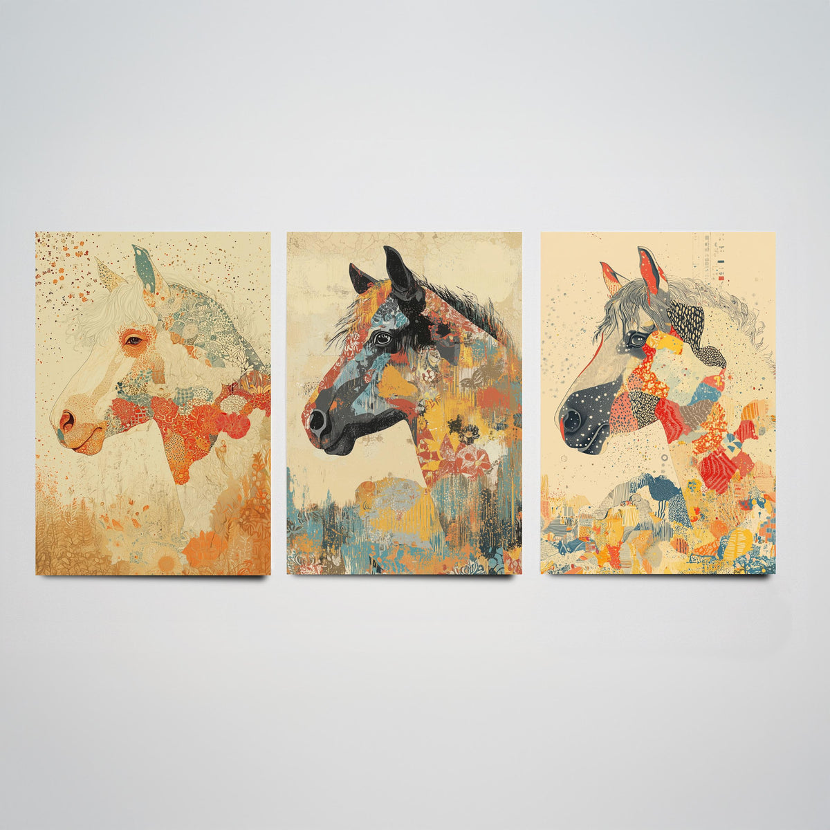Feral Floral Horse Set of Three Art Prints V3 - 3 Mosaic Patchwork Horse Posters - Boho Folk Wall Art Gift Illustration Equine